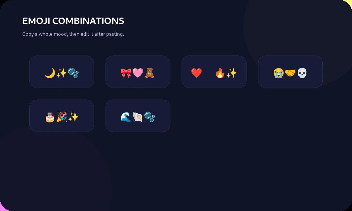 Illustrated cards representing curated emoji combinations for different moods