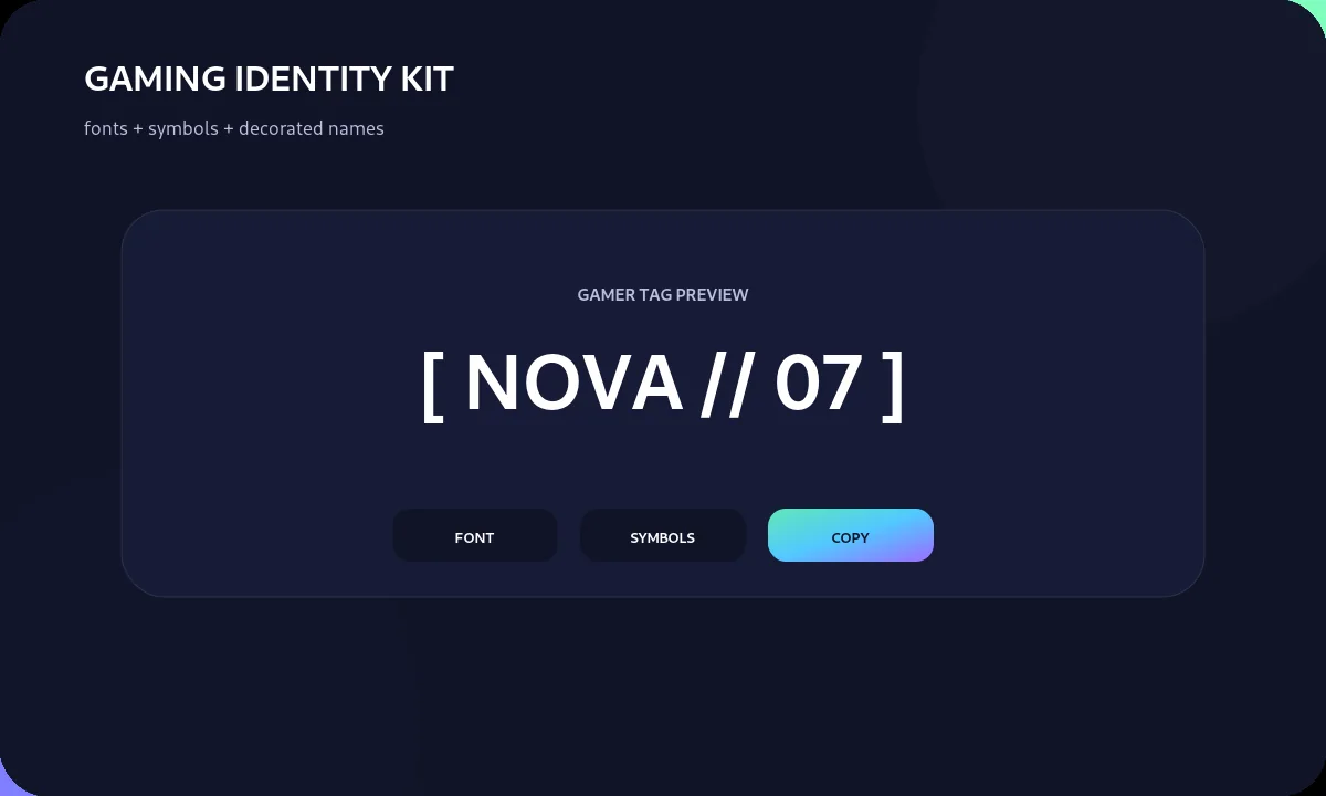 Gaming identity toolkit preview with a decorated gamer tag and styling controls