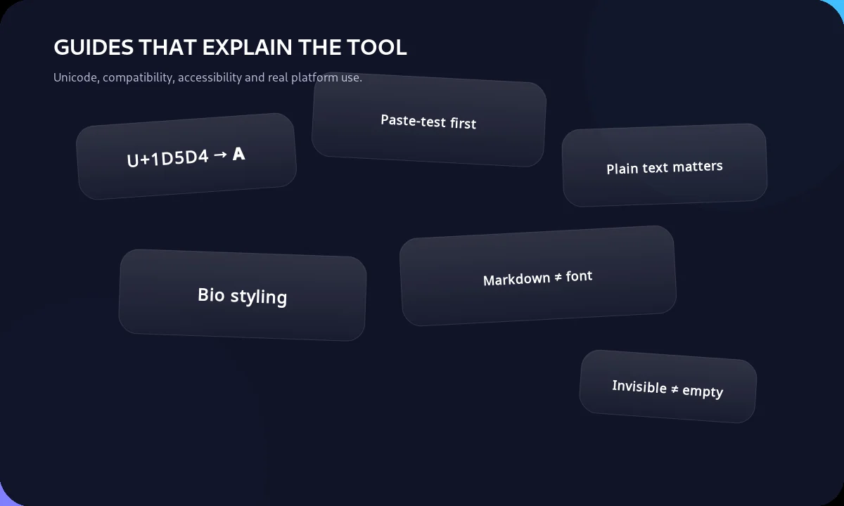 Visual guide cards for Unicode, compatibility, accessibility and platform styling topics