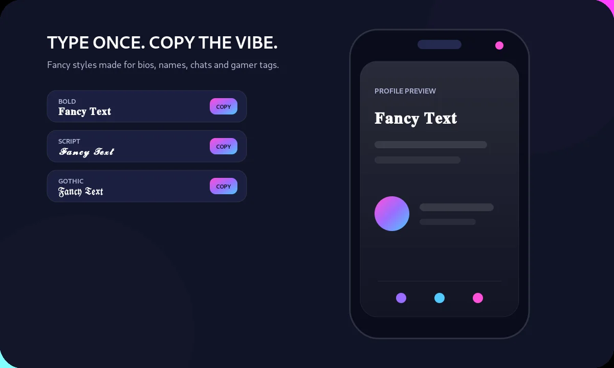 Fancy text generator preview with bold, script and gothic copy-and-paste styles