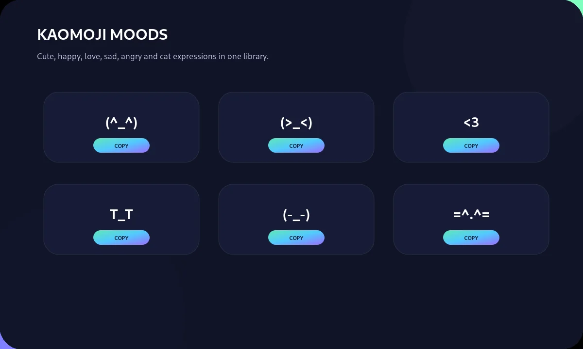 Kaomoji mood library with cute, happy, love, sad, angry and cat expressions