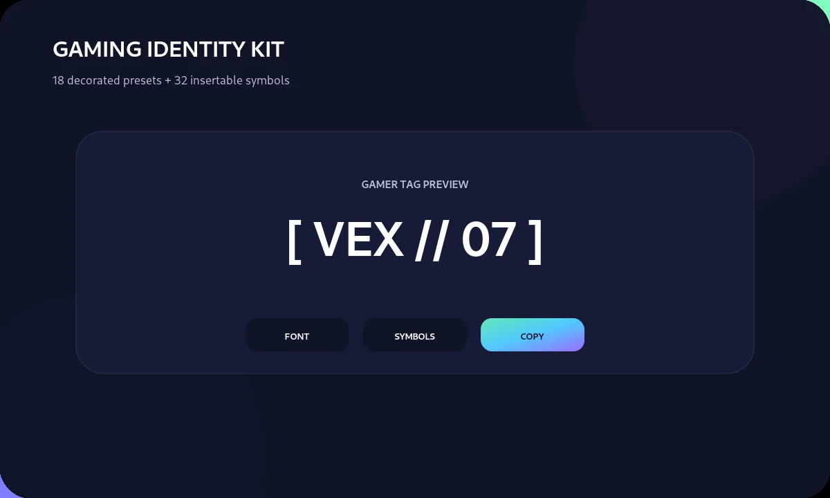 Stylish gamer name preview with decorative symbols and copy controls