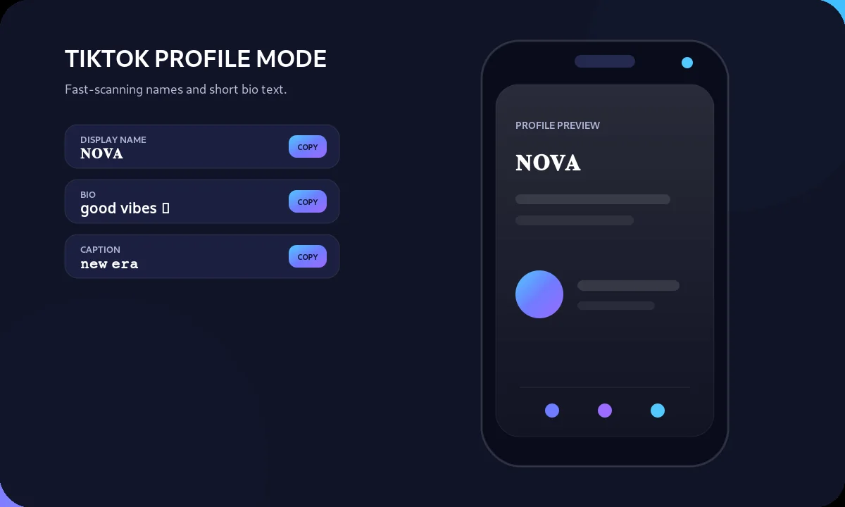 Illustrated short-form social profile with a styled display name and bio